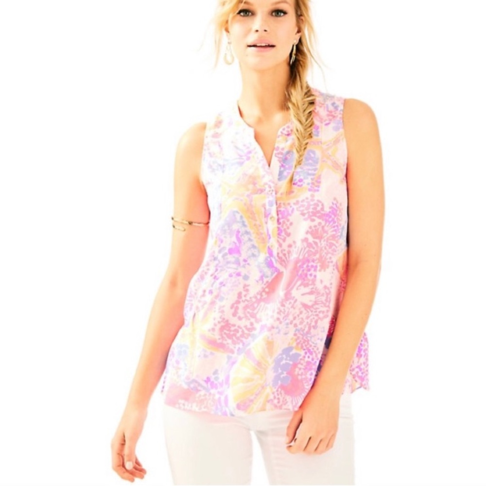 EUC Lilly Pulitzer Kerry silk pink orange blouse XS